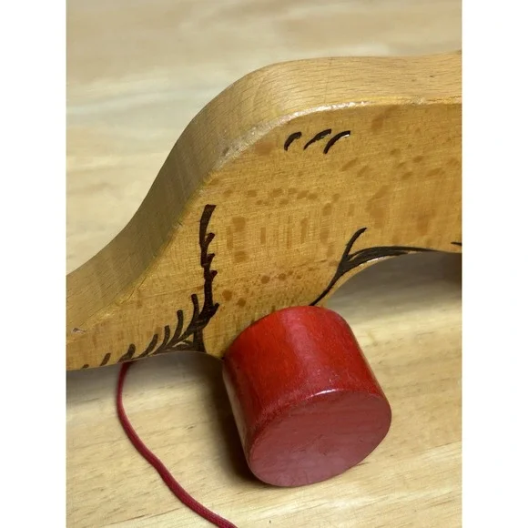 Vintage Steiff Wooden Dog Dachshund on Red Wheels with ID And Pull String